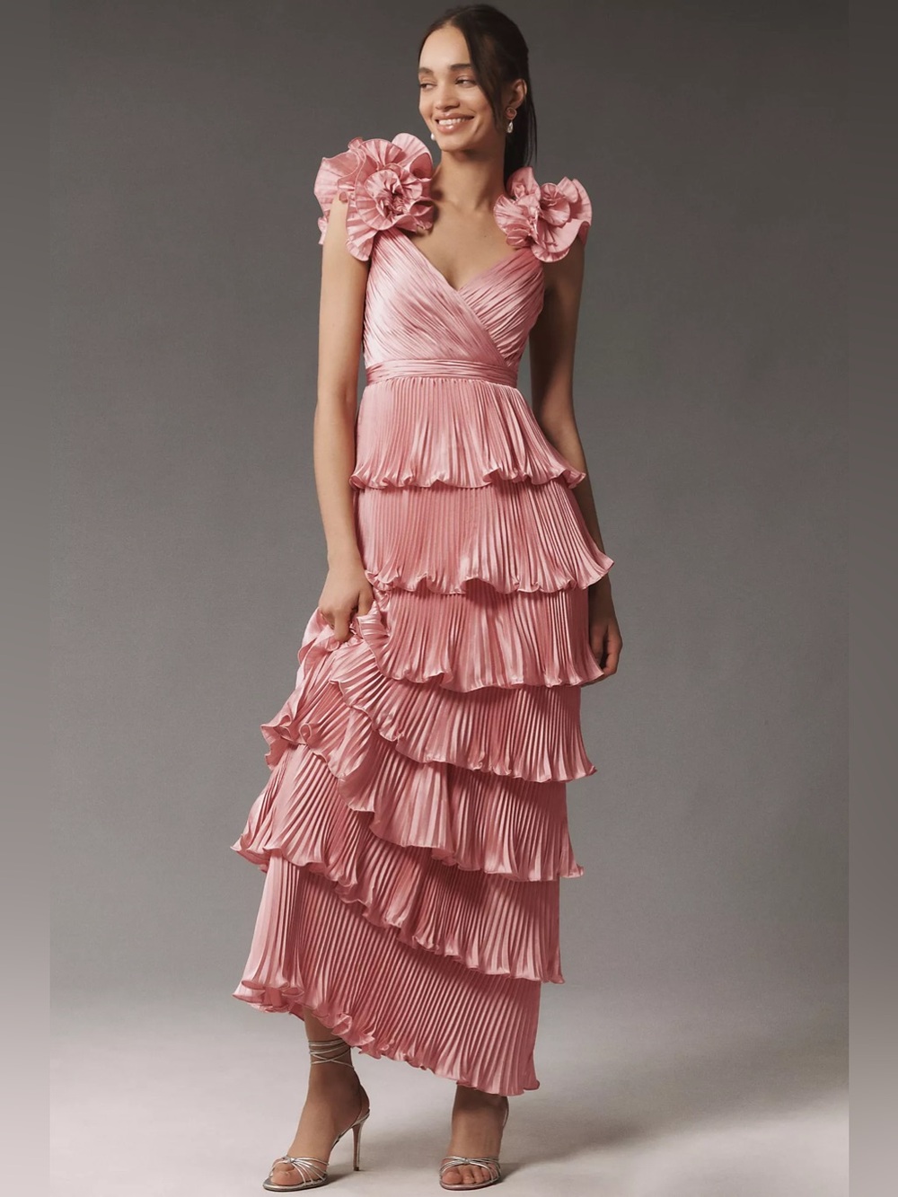 Mac Duggal
Floral-Strap Tiered Ruffled Pleated Satin Maxi Dress
